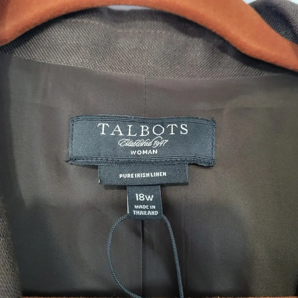 Talbots Pure Irish Linen Blazer size 18W Brown Office Career Wear Minimalist New